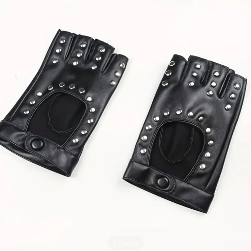 Black Faux Leather Studded Fingerless Gloves W/Snap Button Wrist Closure (OS)